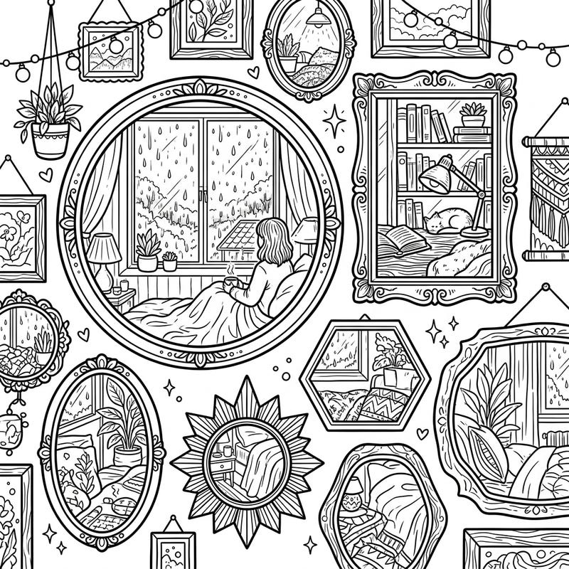 Transform your quiet moments into vibrant art with this charming coloring page featuring a collection of bedroom mirrors reflecting a peaceful rainy day. Discover intricate details and cozy scenes perfect for unwinding.