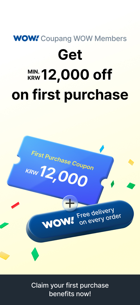 Coupang Eats promotional screen offering a discount coupon and free delivery for WOW members on their first purchase