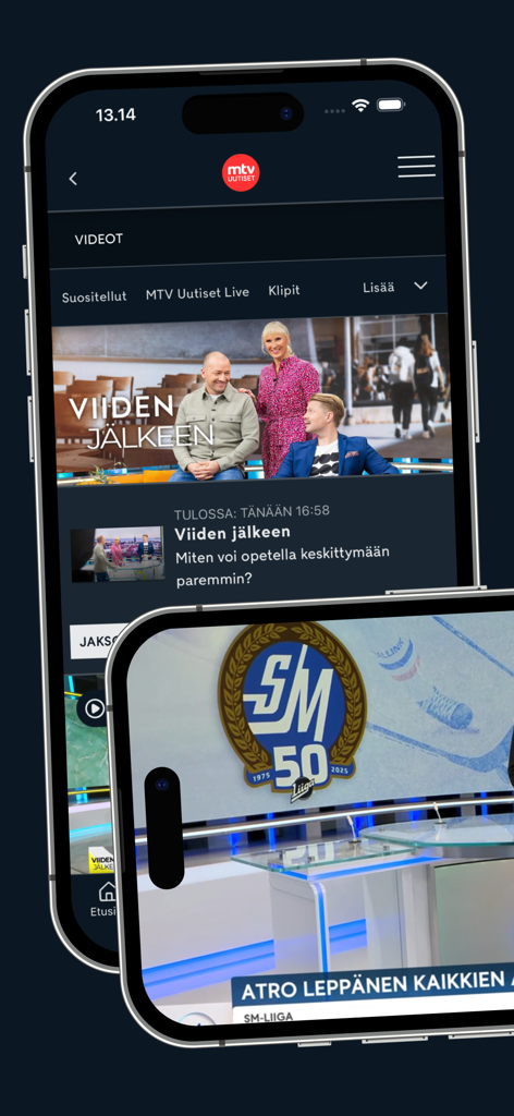 La interfaz de la aplicación móvil MTV Uutiset que muestra programas de video de noticias y cobertura de la liga de hockey finlandesa.