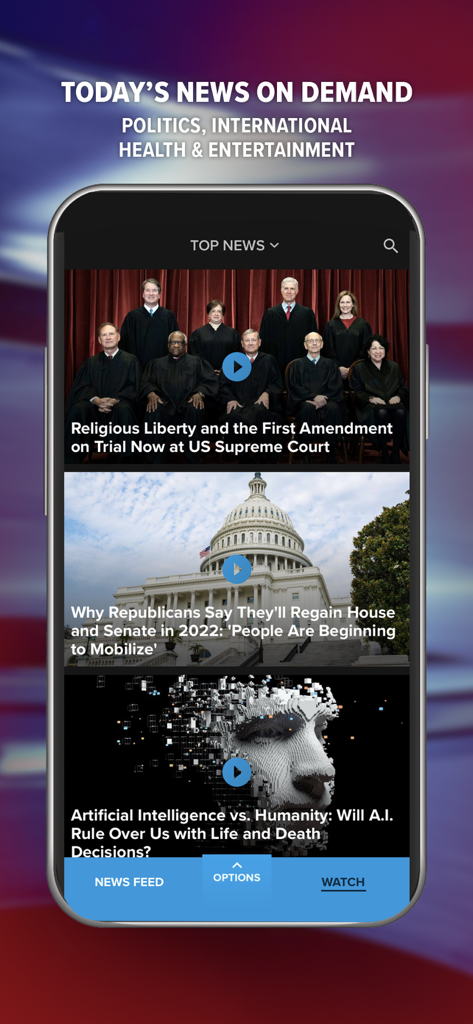 CBN News app interface showing top headlines on politics and religious liberty