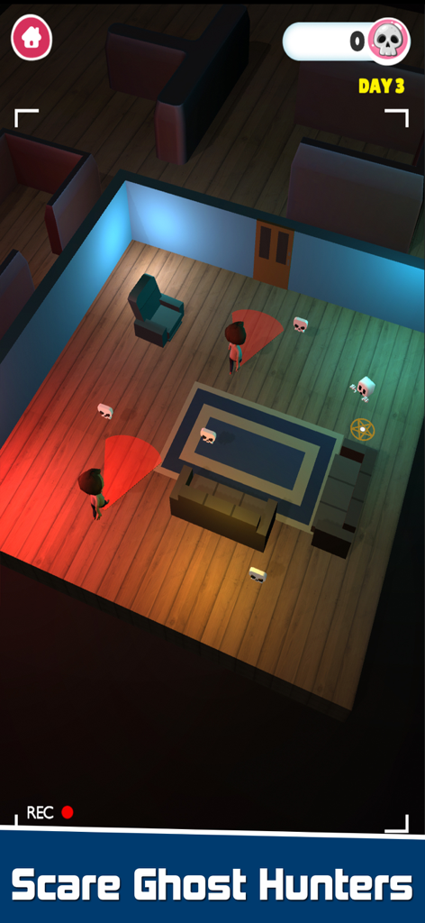 Ghost Finder: Halloween Game - Top down gameplay showing characters with red vision cones searching a room for ghosts