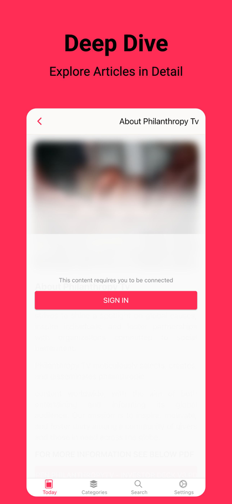 Philanthrop' TV - Interface mobile de l'application Philanthrop TV montrant un aperçu d'article avec un bouton de connexion.
