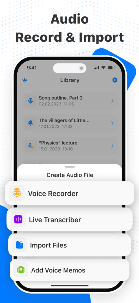 Transcribe – Speech to Text - 音声を録音、ライブ文字起こしを使用、オーディオファイルをインポートするオプションが表示されるモバイルアプリインターフェイス。