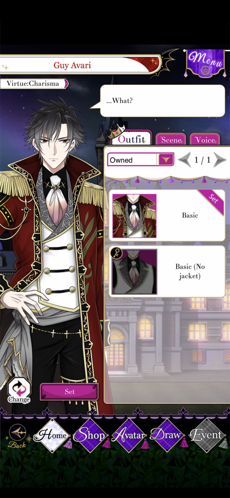 Pantalla de personalización de avatar de Guy Avari con opciones de vestuario en Court of Darkness.