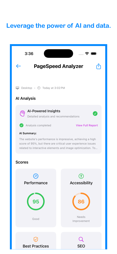 Pantalla de la aplicación PageSpeed Analyzer que muestra información de IA con puntuaciones de rendimiento y accesibilidad.