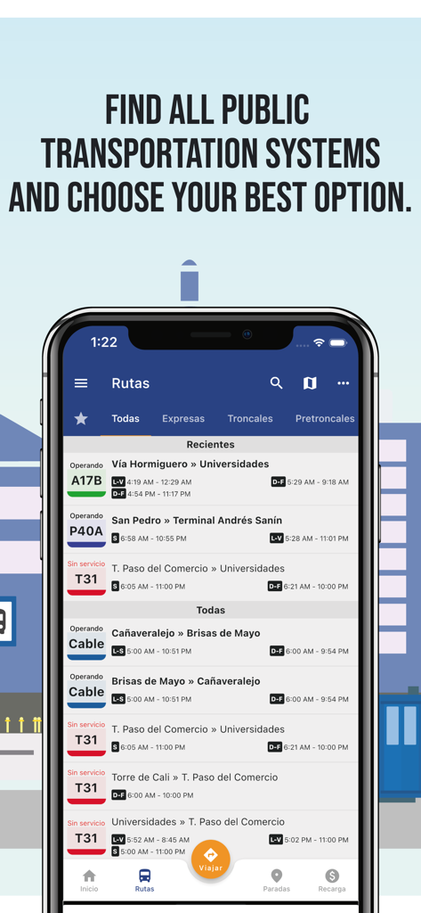 Rutas MIO app interface showing a list of public transportation routes and bus schedules in Cali Colombia