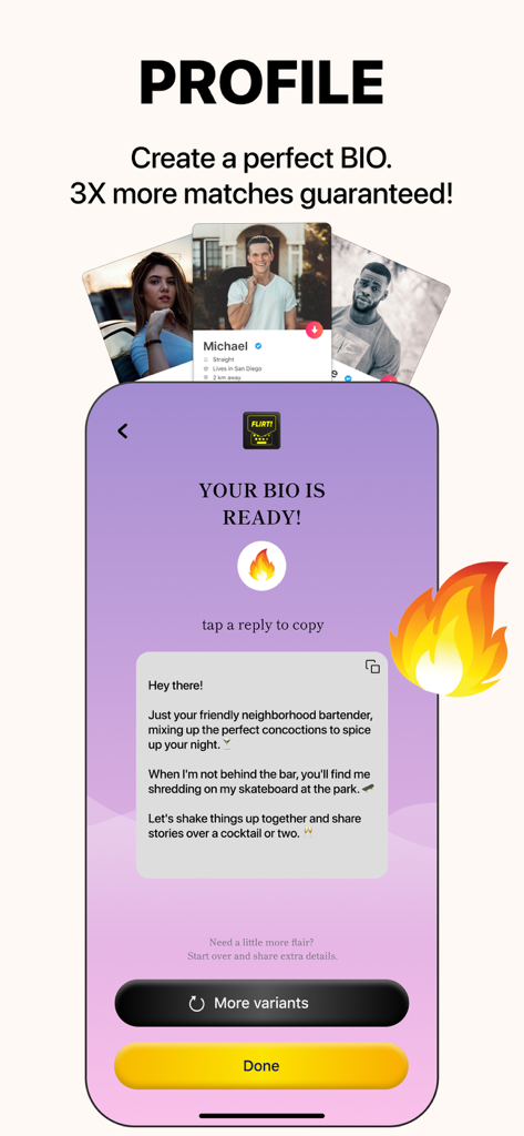 RizzPRO - AI Flirt Keyboard - Screenshot of RizzPRO app showing a generated dating profile bio designed to increase matches