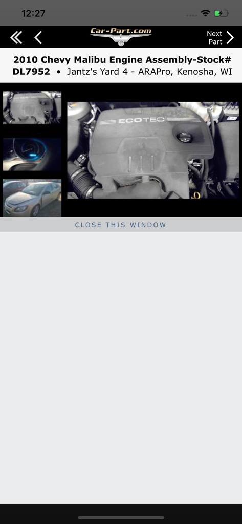 Car-Part.com Auto Parts Market - Search results for a 2010 Chevy Malibu engine on the Car-Part.com app