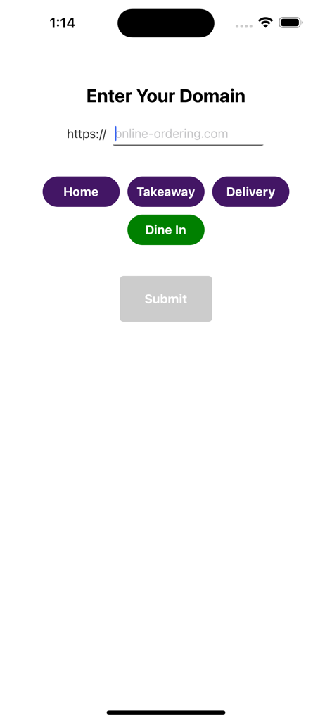 Online Ordering Wrapper - Schermata di configurazione dell'app Online Ordering Wrapper che mostra il campo di immissione del dominio e i pulsanti del tipo di ordine
