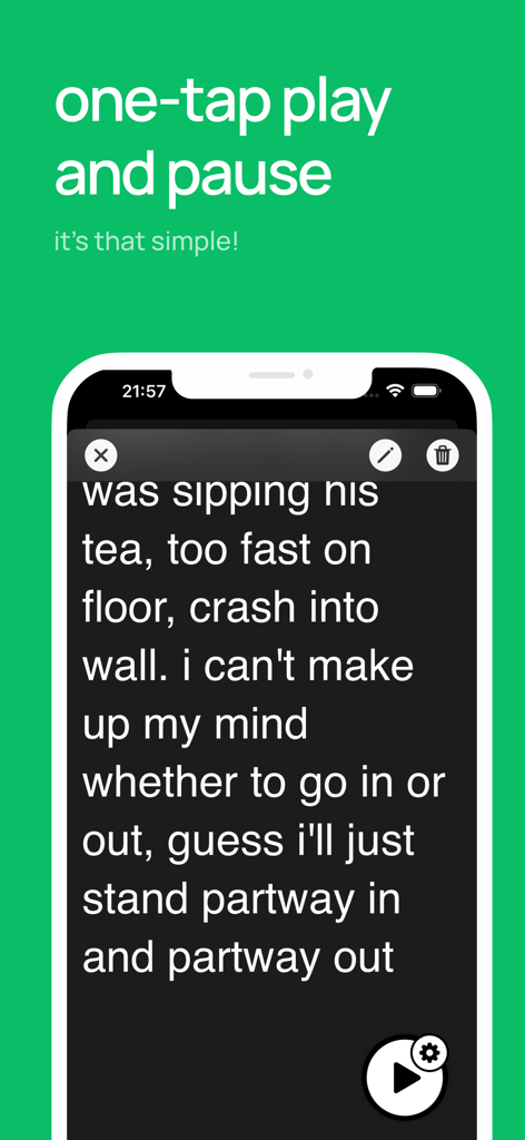 Prompt Pro: Easy Teleprompter - Aplicativo Prompt Pro mostrando um roteiro e um botão de reproduzir e pausar com um toque para facilitar a teleprompting.