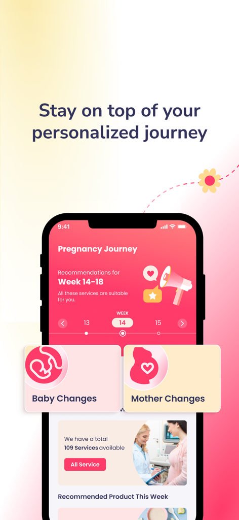 Interfaz de la aplicación Flabee Care que muestra el viaje de embarazo personalizado y el seguimiento del desarrollo del bebé para futuras madres.