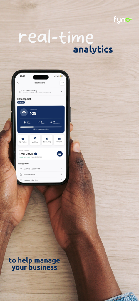 Fynd Rwanda - Fynd Rwanda mobile app dashboard displaying real-time business analytics and management tools.