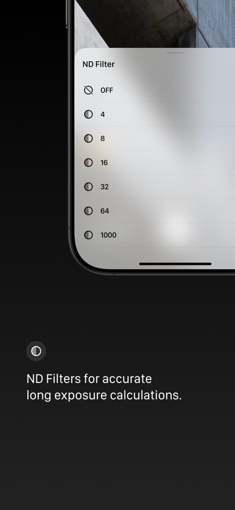 Light Meter - Film Exposure - Menu de sélection de filtres ND pour la photographie en pose longue dans l'application Light Meter.