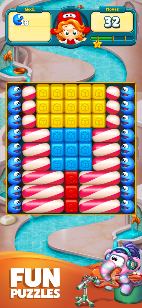 Toy Blast - Tablero de puzzle de Toy Blast con cubos coloridos y personajes.