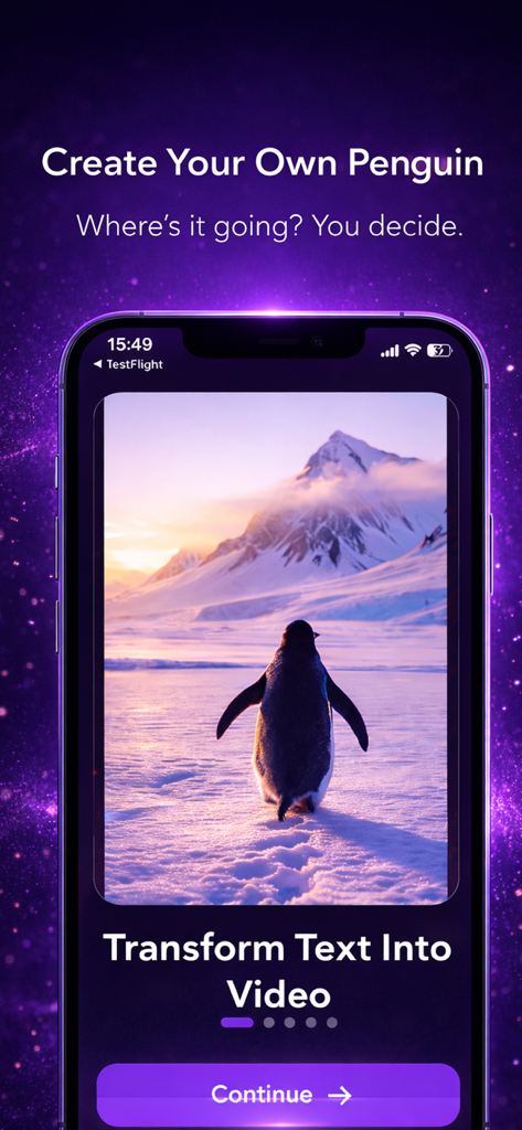AI Video Generator & Video AI - AI video generator app screen showing text to video feature with an animated penguin on snow