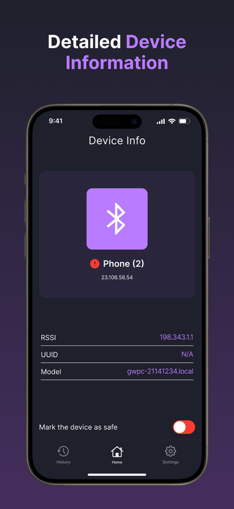 Bug Detector - Pro Scanner - Interfaz de la aplicación Bug Detector Pro Scanner mostrando información detallada del dispositivo, incluyendo RSSI y modelo, para una conexión Bluetooth detectada.