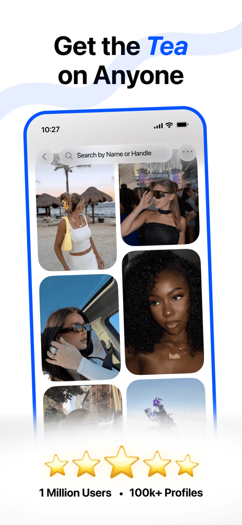 Screenshot dell'interfaccia di ricerca dell'app Overheard che mostra una griglia di profili utente e l'intestazione Ottieni il tè su chiunque
