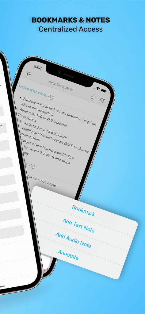 ECG Interpretation: Pkt Guide - Interface showing bookmark and note-taking options for atrial tachycardia in the ECG interpretation app