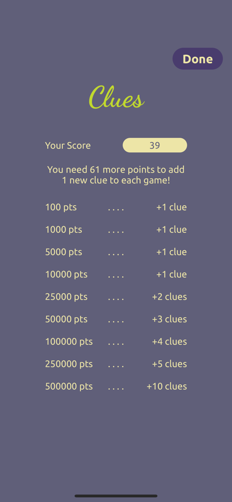 Spell Mania 단어 게임에서 추가 단서를 얻기 위한 포인트 마일스톤을 보여주는 진행 화면