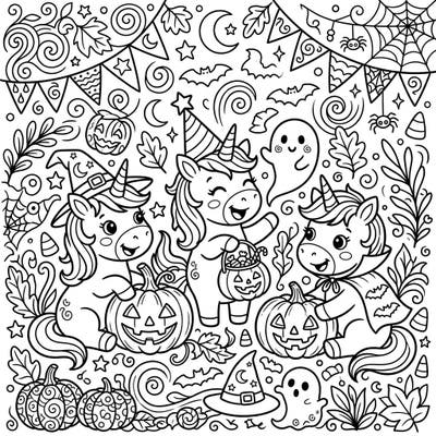 Get ready for a magical Halloween with this delightful coloring page starring three adorable baby unicorns. They're dressed in festive costumes, surrounded by pumpkins, ghosts, and enchanting spooky-sweet details.