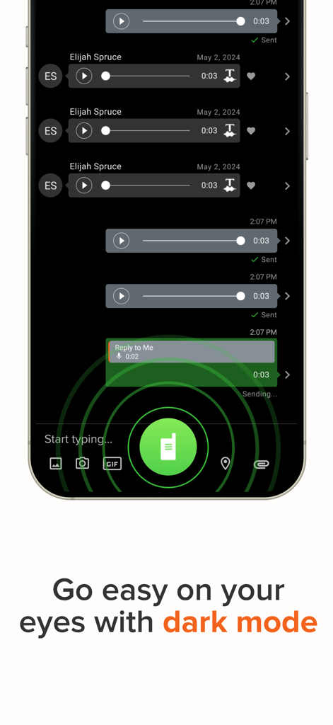 Interface of the Voxer Walkie Talkie Messenger app showing a voice message chat thread in dark mode