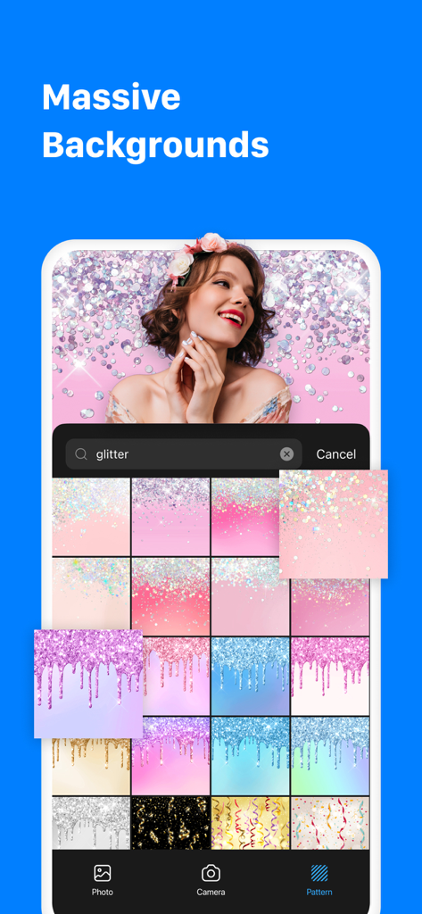 PhotoClip:AI Background Eraser - PhotoClip mobile app interface showing a large collection of glitter and patterned backgrounds for photo editing.