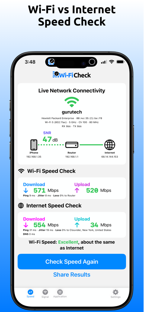 Wi-Fi Check - Speed Test - A smartphone dashboard showing a comparison between local Wi-Fi and internet connection speeds