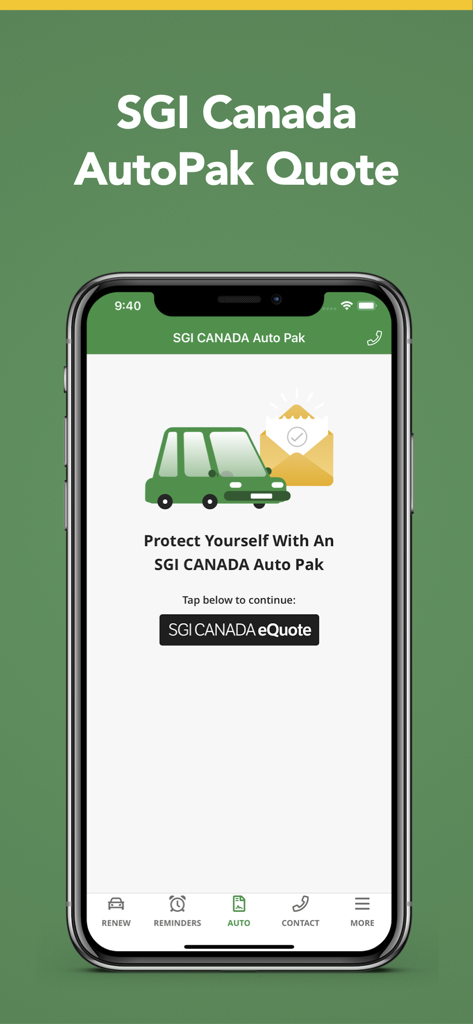 Renew Sask Plates - SGI Canada Auto Pak insurance quote screen in the Renew Sask Plates app