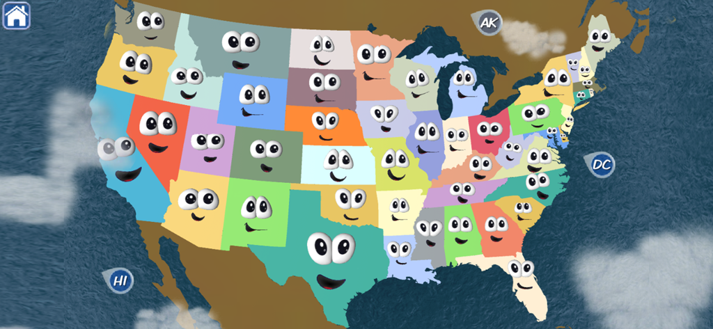 An interactive map of the United States featuring colorful, animated states with cartoon faces.
