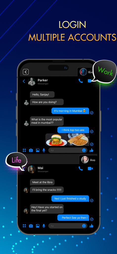Écran de smartphone montrant l'interface de l'application Parallel Space avec des fenêtres de messagerie séparées pour les comptes professionnels et personnels.