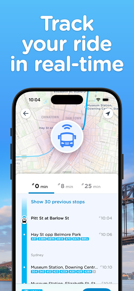 Sydney Transport app interface showing real-time bus tracking on a map with a list of upcoming stops and arrival times.
