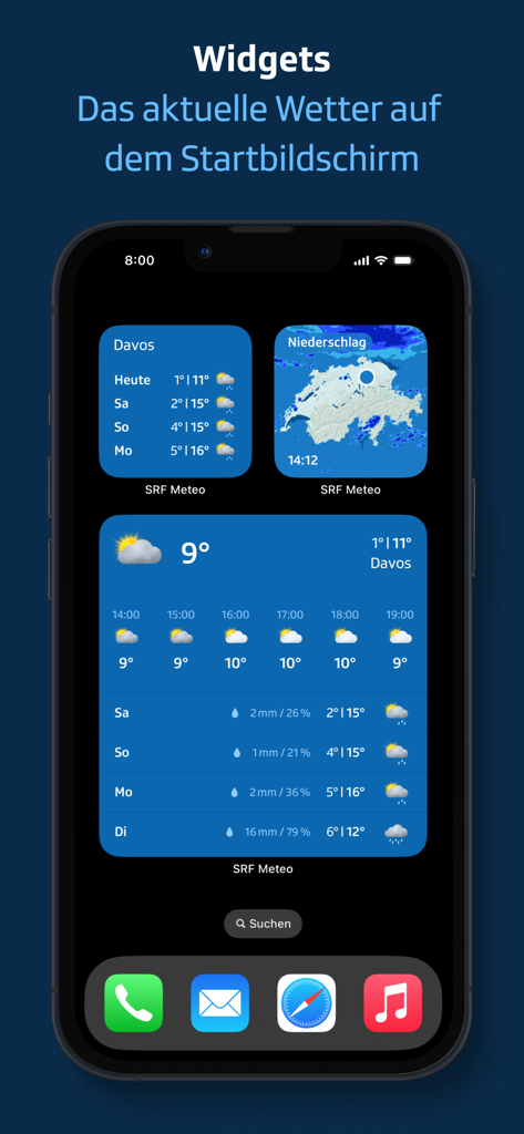 SRF Meteo - Wetter Schweiz - SRF Meteo iOS widgets showing weather forecasts and precipitation radar on an iPhone home screen