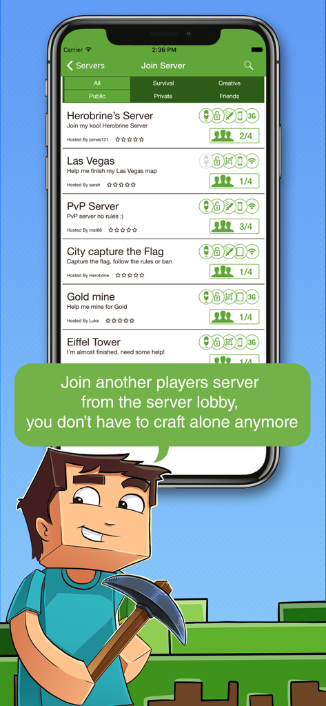 Multiplayer for Minecraft PE - Una lista de servidores multijugador disponibles para unirse en la pantalla de lobby de Minecraft PE.