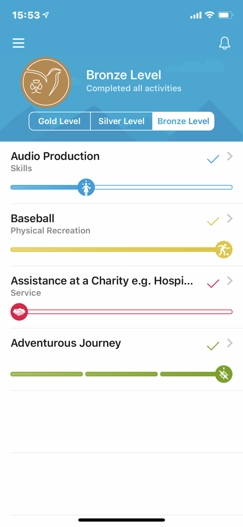 ORB Participant - エディンバラ公アワード参加者アプリが、スキル、身体活動、奉仕活動のブロンズレベルの進捗を表示している画面。