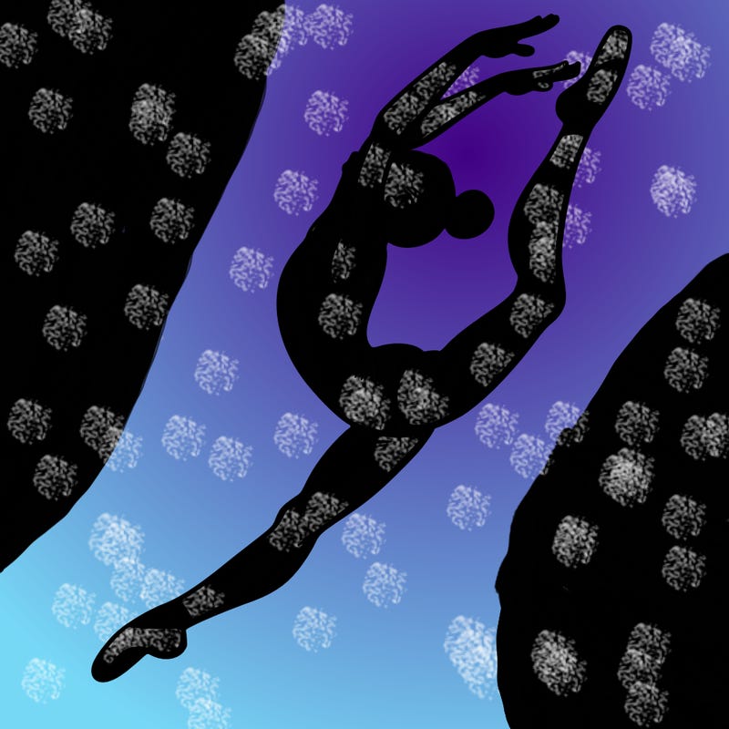 gymnast doing a leap in a leotard with a bent back leg