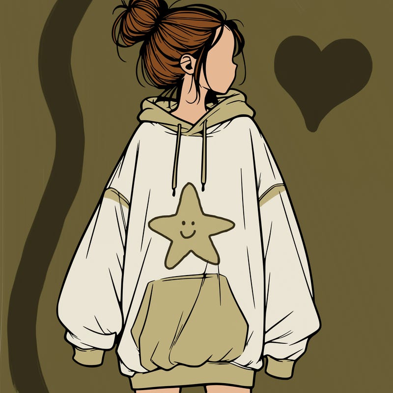 realistic girl with a oversized sweatshirt on and a bun