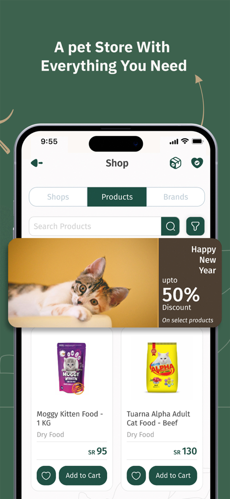 Aseel - أصيل - Interfaz de la aplicación de tienda de mascotas Aseel que muestra productos de comida para gatos y un anuncio de descuento del 50 por ciento