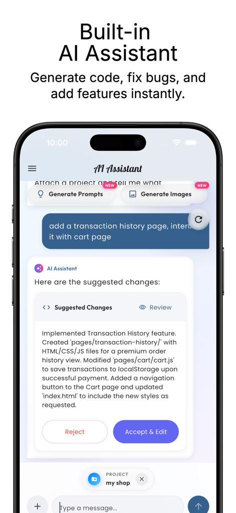Asistente IA integrado en la app móvil Web IDE proponiendo cambios de código para un proyecto web