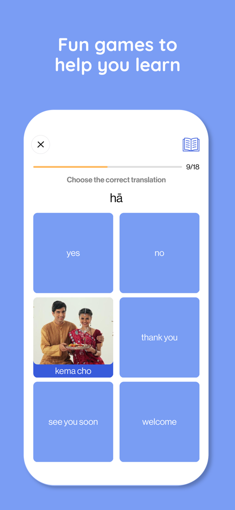 Language Curry - Speak Indian - A screenshot showing an interactive multiple choice translation game in the Language Curry app