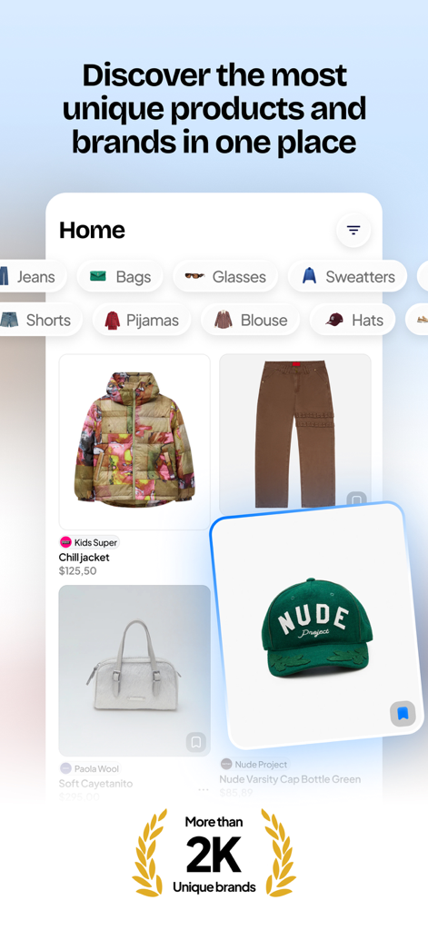 Screenshot der Melian App-Oberfläche mit einzigartigen Produkten wie Jacken, Taschen und Hüten von unabhängigen Marken.