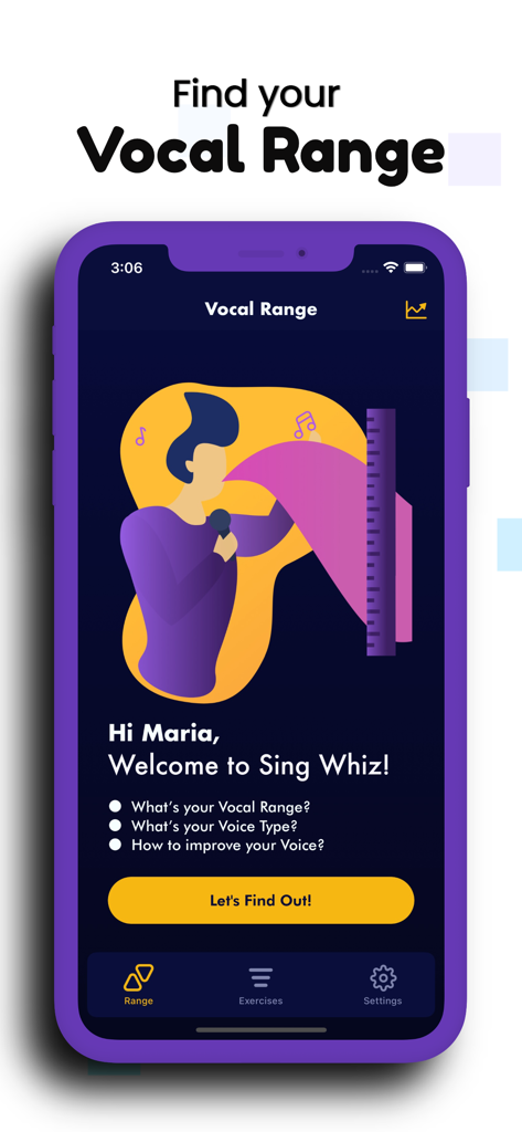 Vocal Range Finder - Sing Whiz - Welcome screen of the Sing Whiz app for finding vocal range and voice type