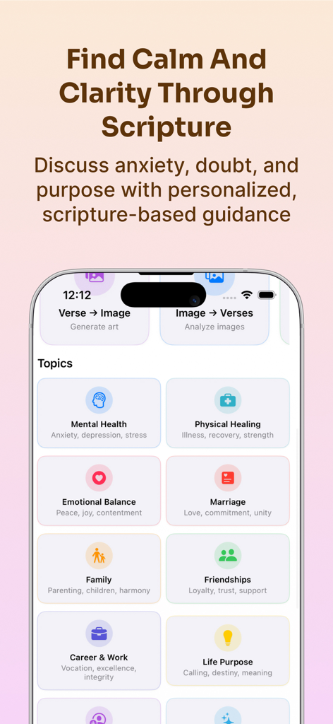 Bible Chat AI & Study Daily - Interface do aplicativo Bíblia Chat AI exibindo vários tópicos de estudo como saúde mental, casamento e propósito de vida para orientação personalizada de escrituras.