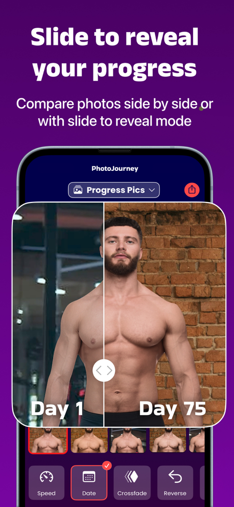 My Body Tracker: PhotoJourney - A male fitness transformation comparison from Day 1 to Day 75 using a slide to reveal feature in the My Body Tracker app