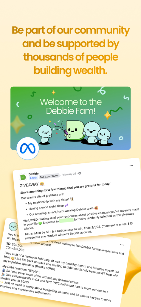 Promotional graphic showing user testimonials and social media community for the Debbie app.
