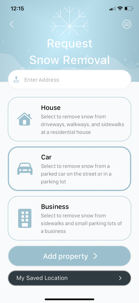 Shovler app screen for requesting snow removal services for a house, car, or business