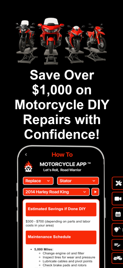 Motorcycle.App - A screenshot of Motorcycle.App showing how to save money on DIY motorcycle repairs and view maintenance schedules.