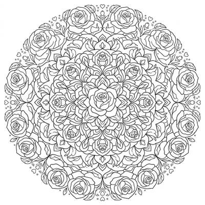 Discover the beauty of symmetry and nature with this exquisite Grandiflora Rose Mandala coloring page. Each petal and leaf contributes to a harmonious design, perfect for a peaceful coloring experience.