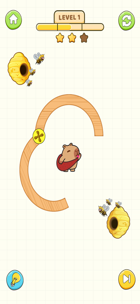 Gameplay of Capy Rush Race Draw Puzzle showing a capybara protected from bees by a drawn line in level one