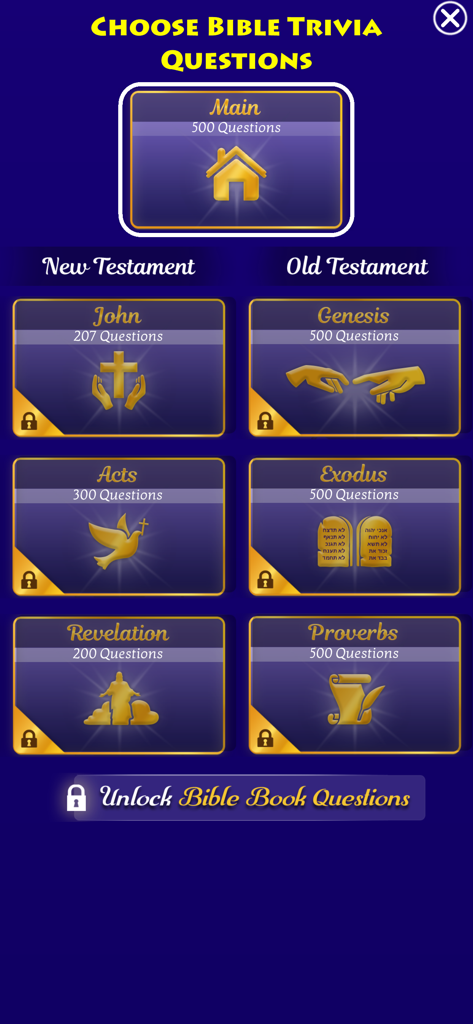 Jesus Bible Trivia Games Quiz - Bible trivia category selection menu showing Old and New Testament book options