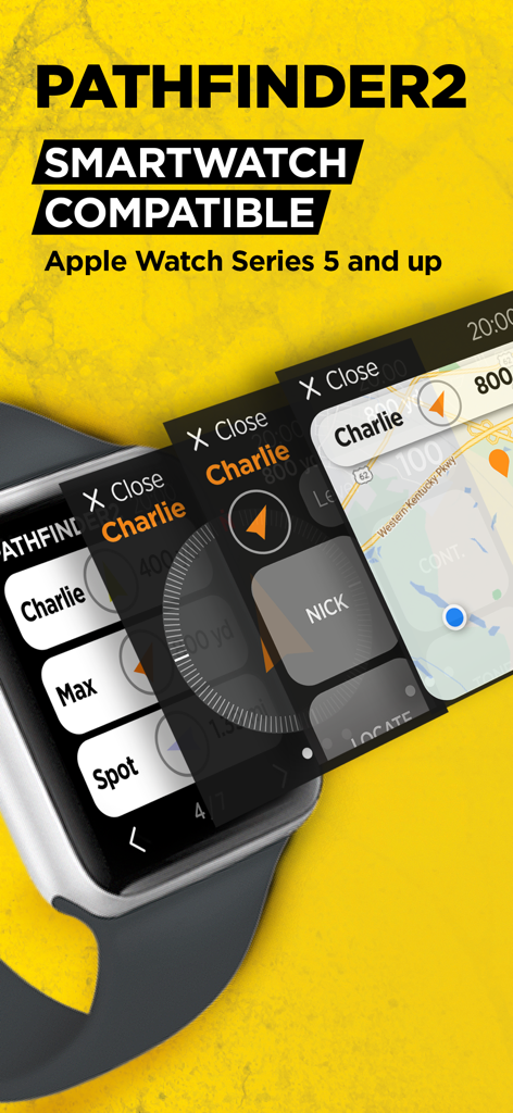 Dogtra PATHFINDER2 app interface on an Apple Watch showing dog tracking list and training controls
